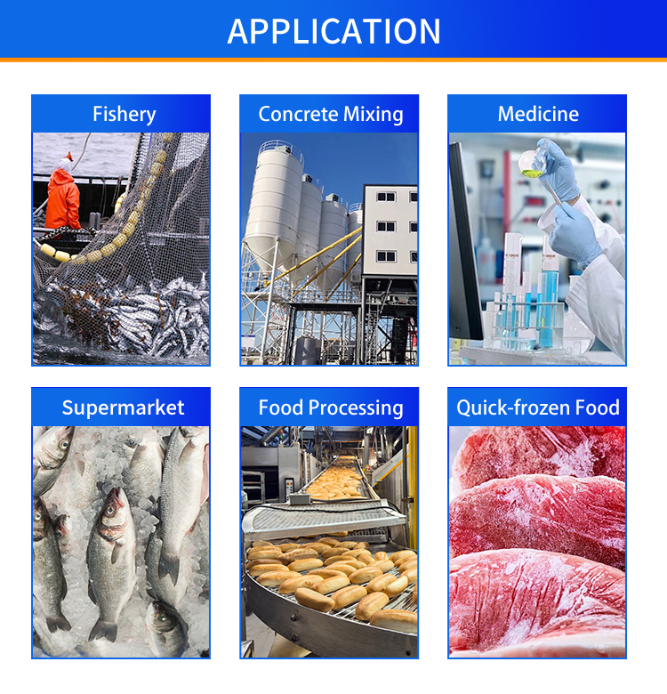 flake-ice-machine-application-scenarios Aplikasi luas mesin ais serpihan, pengawetan makanan laut perikanan, penyejukan konkrit, pemprosesan makanan, perubatan, pasar raya dan industri makanan cepat beku