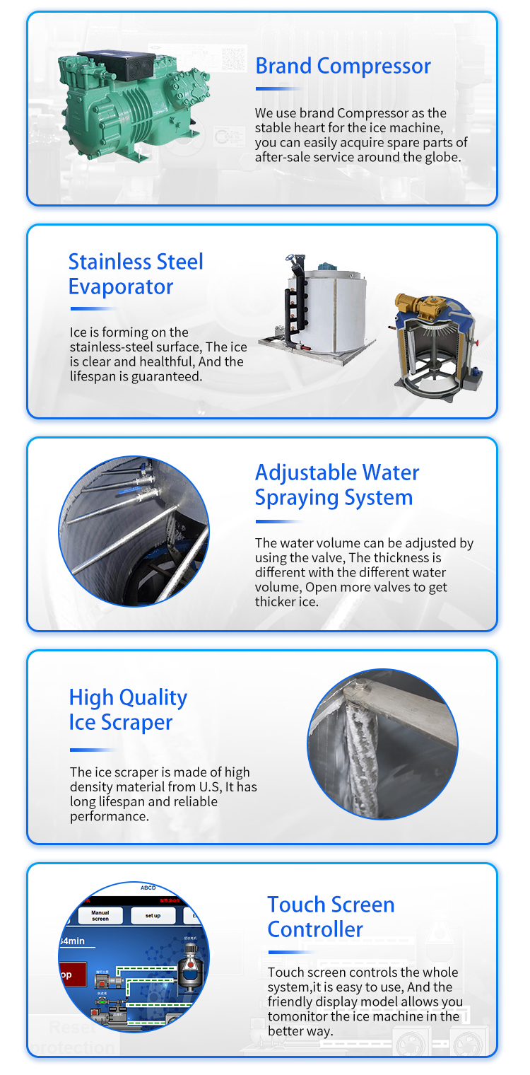 flake-ice-machine-core-components-features Komponen teras mesin ais kepingan ais, pemampat jenama, penyejat keluli tahan karat, pengikis ais dan sistem kawalan skrin sentuh