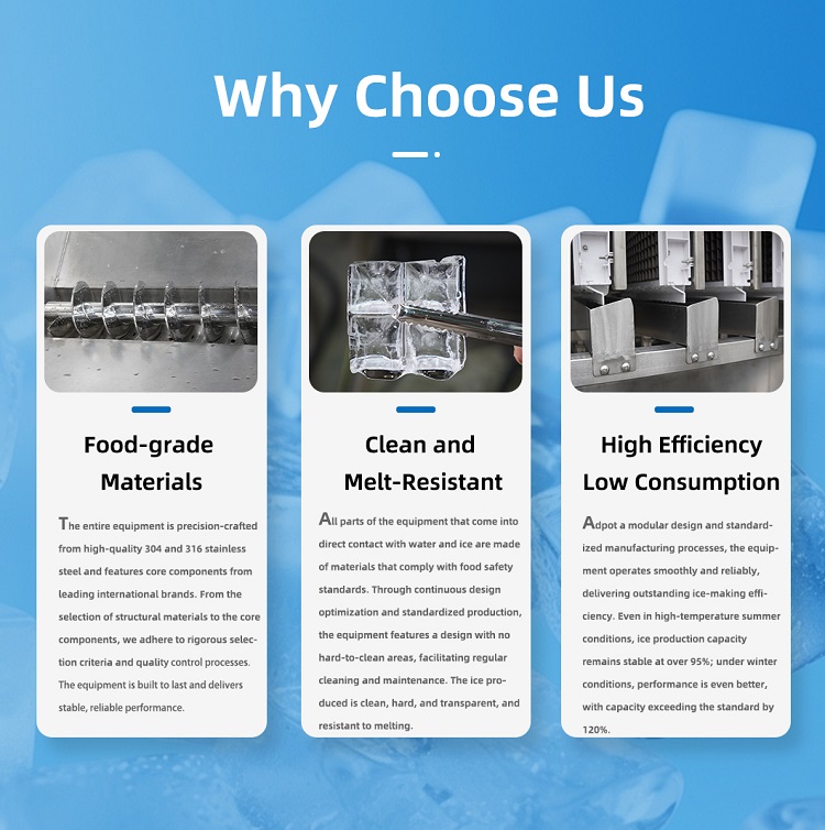 Mengapa Memilih Mesin Ais Komersial Ais Ais: Keluli Tahan Karat Gred Makanan 304/316, Kiub Ais Tahan Cairkan Bersih, Kecekapan Tinggi Penggunaan Kuasa Rendah