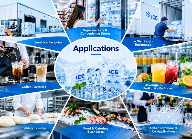 Senario Aplikasi Mesin Ais Kiub Industri untuk Kilang Ais, Minuman & Industri Katering.webp